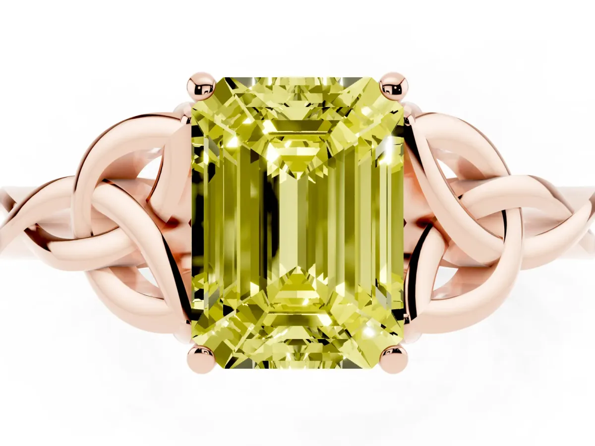 Fancy Yellow Emerald Cut Diamond Solitaire Engagement Ring with Celtic Knot Band and Four-Prong Setting Rose gold