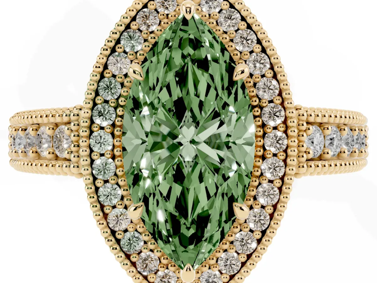 Fancy Green Marquise Cut Cut Halo Diamond Ring with Pavé Band and Four-Prong Setting Yellow gold