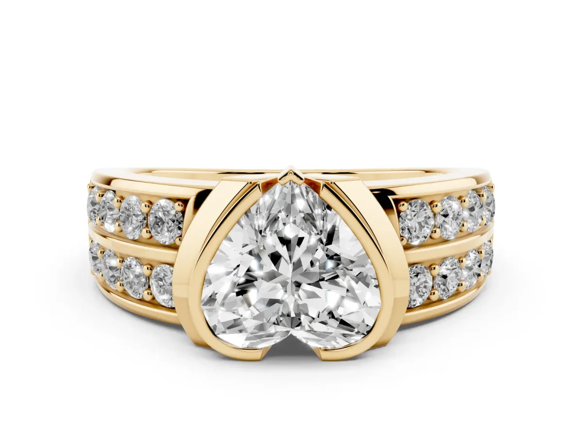 Heart Cut Brilliant Diamond Channel Set Wide Band Ring with Bezel Setting Yellow gold