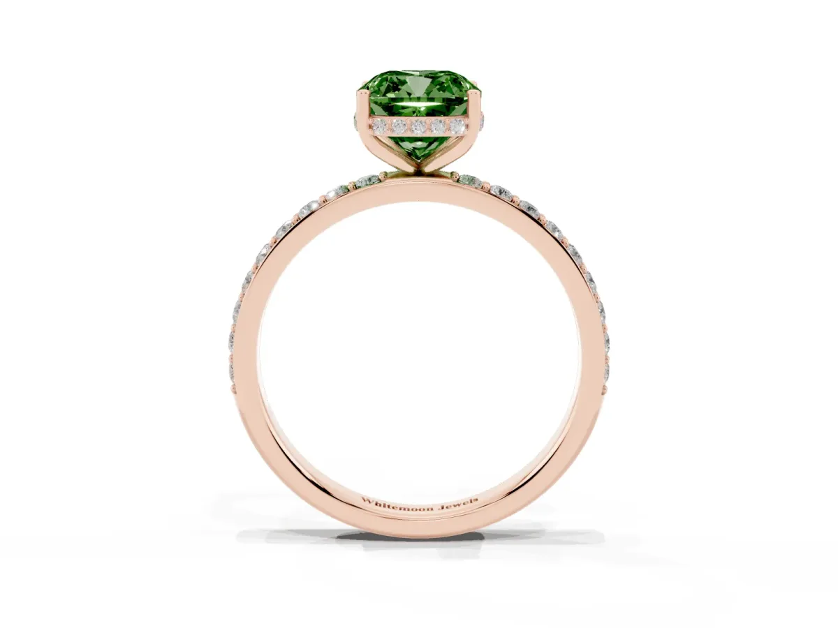 Fancy Green Cushion Cut Diamond Solitaire Ring with Pavé Band and Hidden Halo Rose gold