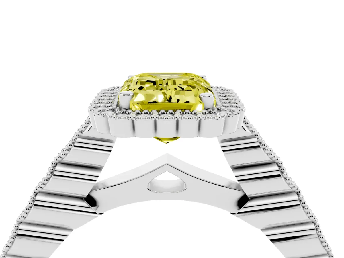 Fancy Yellow Emerald Cut Cut Halo Pavé Solitaire Ring with Milgrain Band Silver