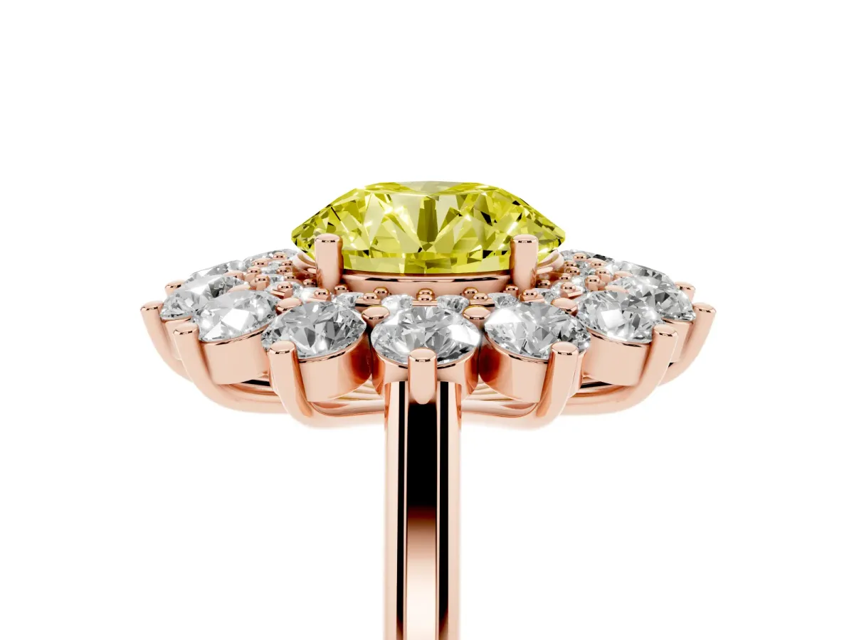 Fancy Yellow Round Cut Diamond Floral Double Halo Engagement Ring with Prong Setting Rose gold