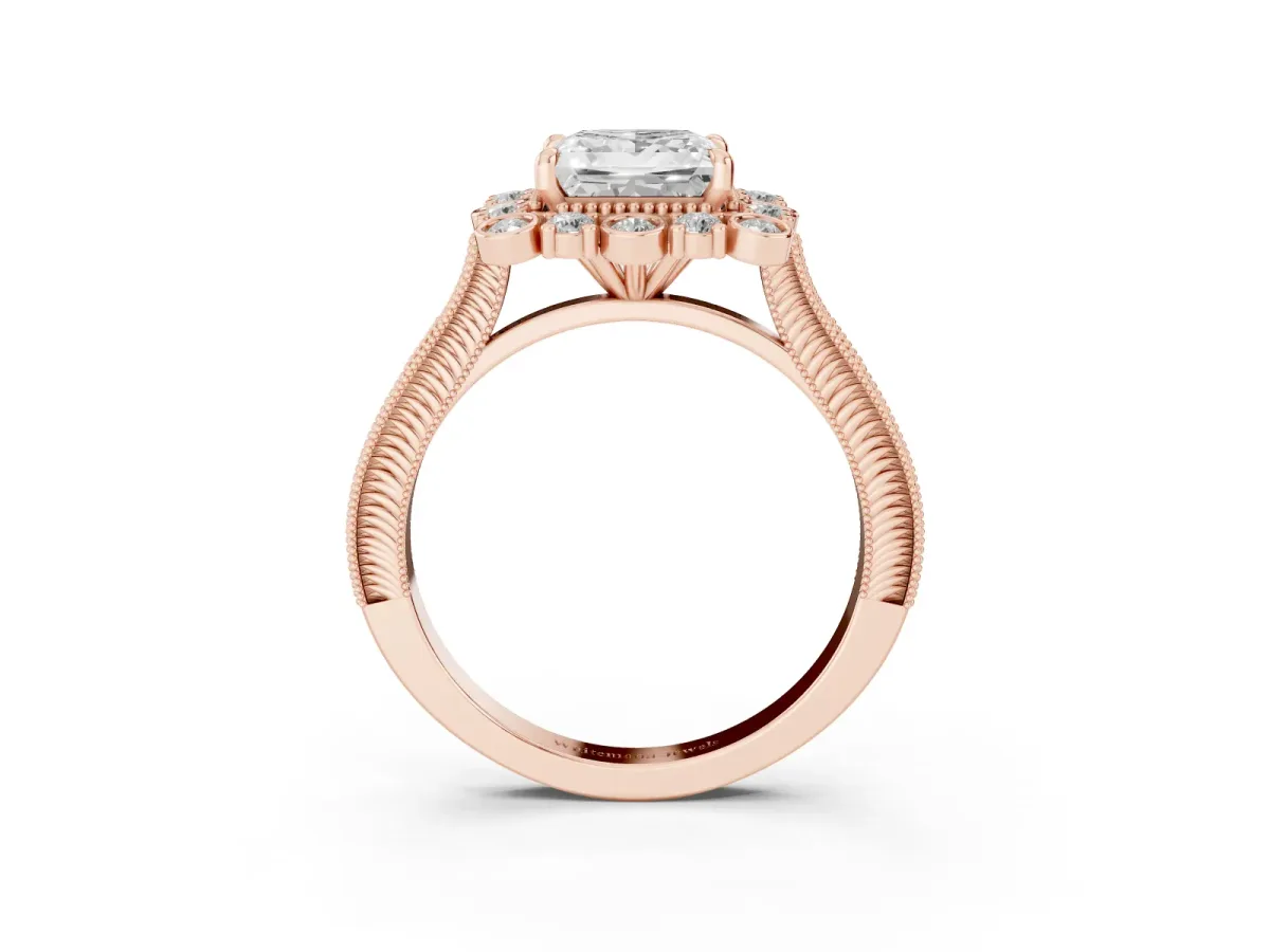 Princess Cut Halo Milgrain Pave Diamond Ring with Four-Prong Setting Rose gold