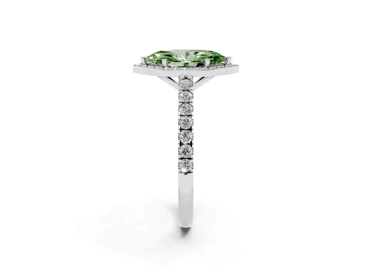 Fancy Green Marquise Cut Cut Halo Diamond Engagement Ring with Pave Band and Four-Prong Setting White gold
