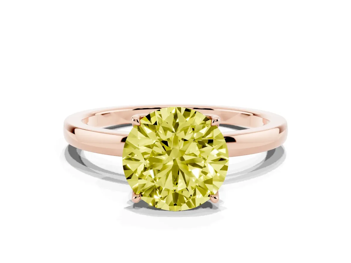 Fancy Yellow Round Cut Diamond Solitaire Ring with Thin Band and Prong Setting Rose gold