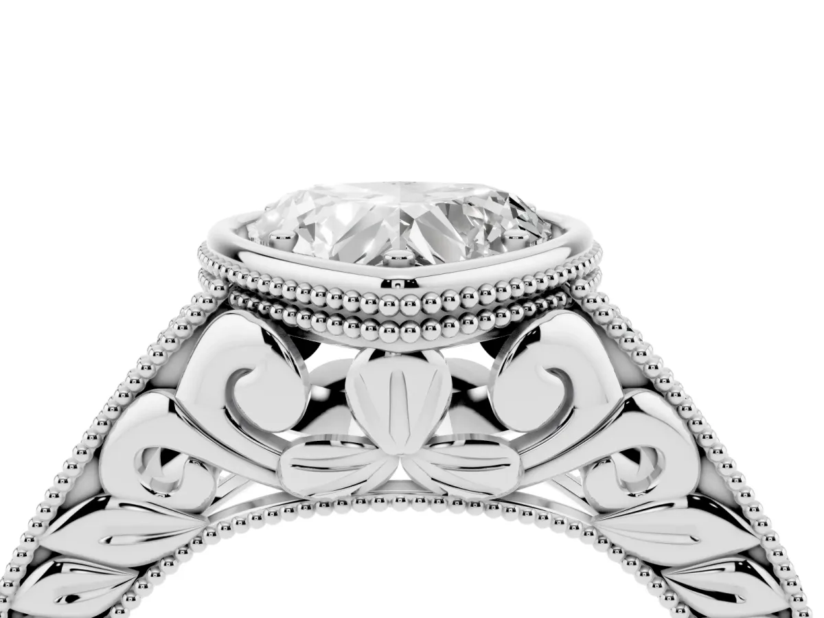 Bezel Set Heart Cut Diamond Milgrain Pave Engagement Ring Silver