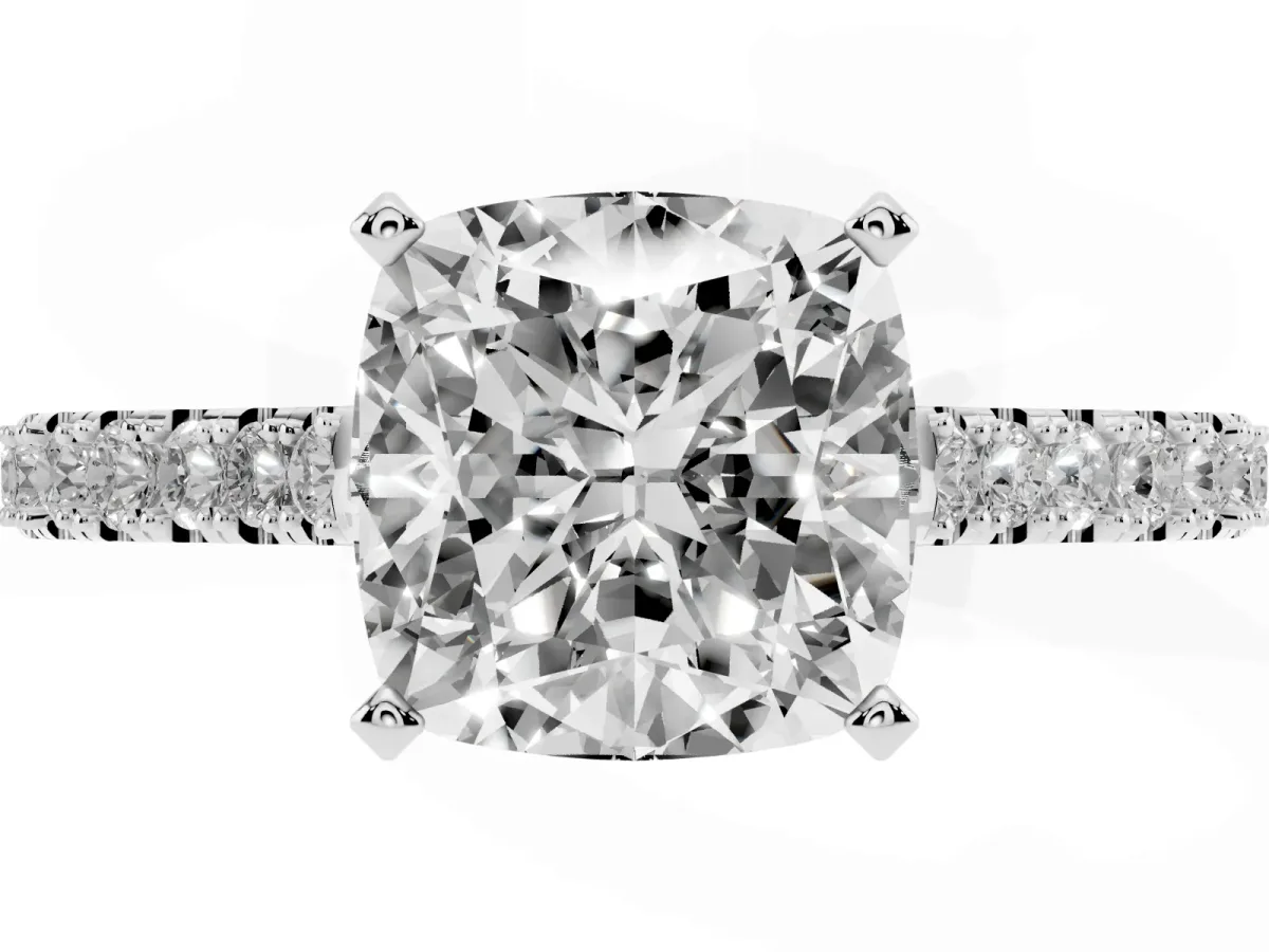 Cushion Cut Cut Solitaire Diamond Engagement Ring with Pave Band and Four-Prong Setting White gold