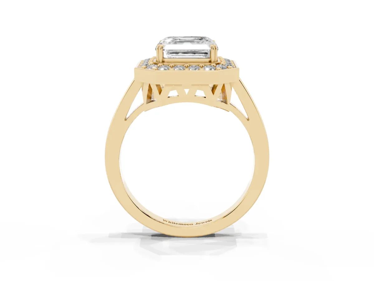 Asscher Cut Diamond Halo Ring with Split Shank and Four-Prong Setting Yellow gold