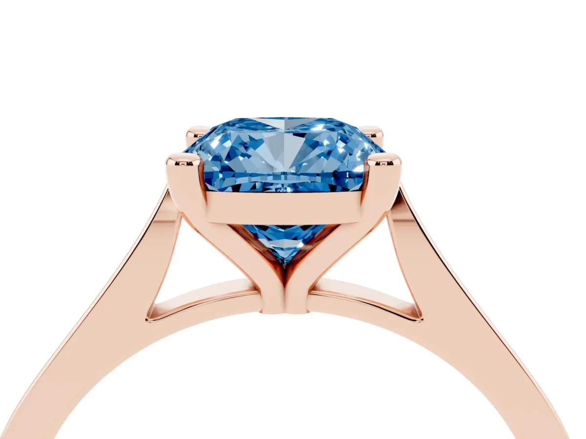 Fancy Blue Cushion Cut Solitaire Diamond Ring with Four-Prong Setting and Tapered Band Rose gold