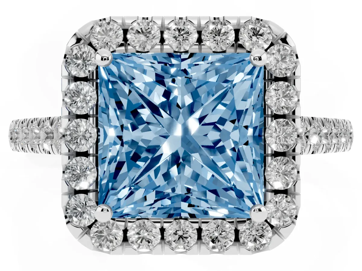 Fancy Blue Princess Cut Halo Pavé Diamond Engagement Ring with Four-Prong Setting Silver