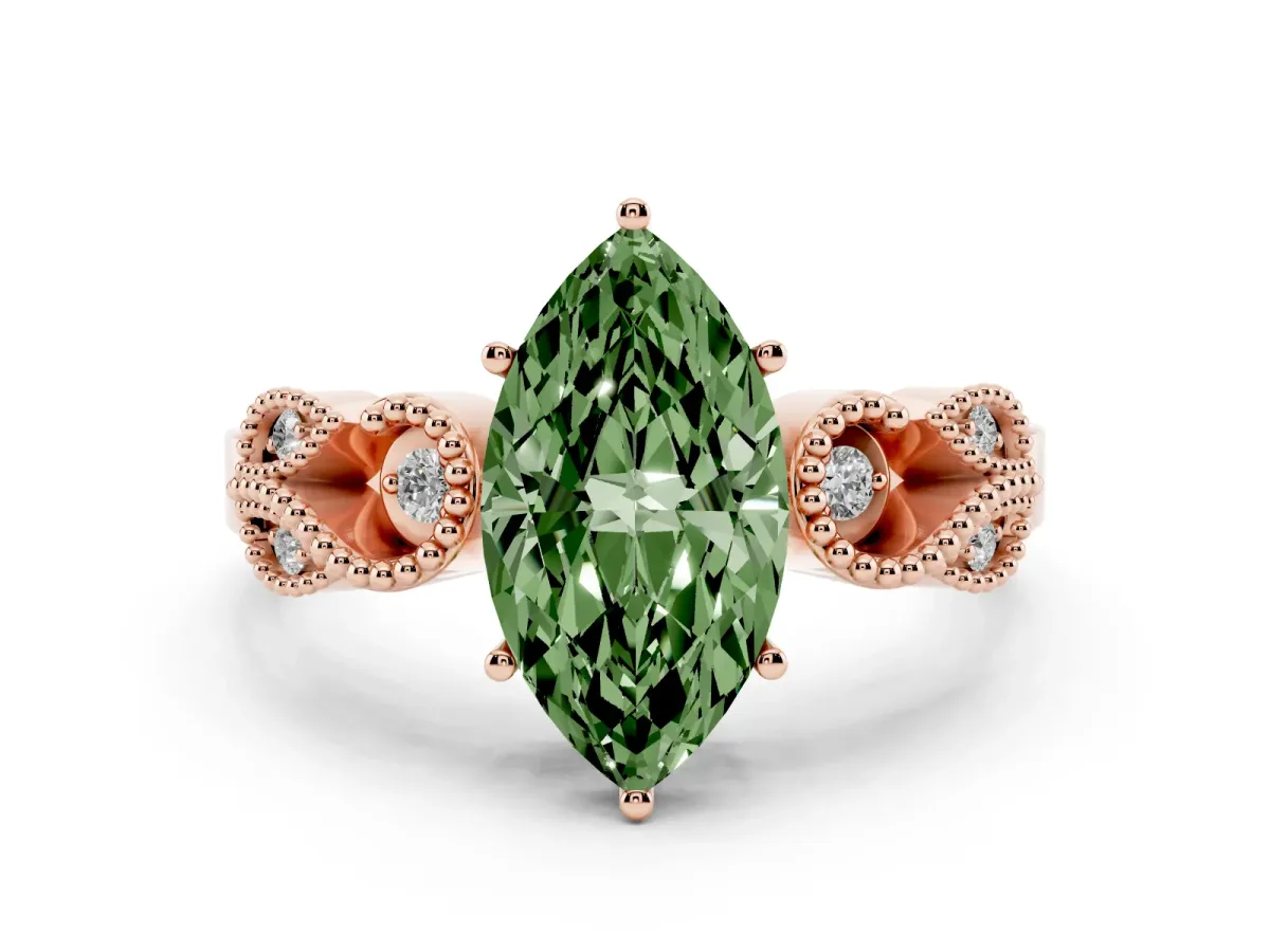 Fancy Green Marquise Cut Solitaire Milgrain Leaf Band with Prong Setting Rose gold