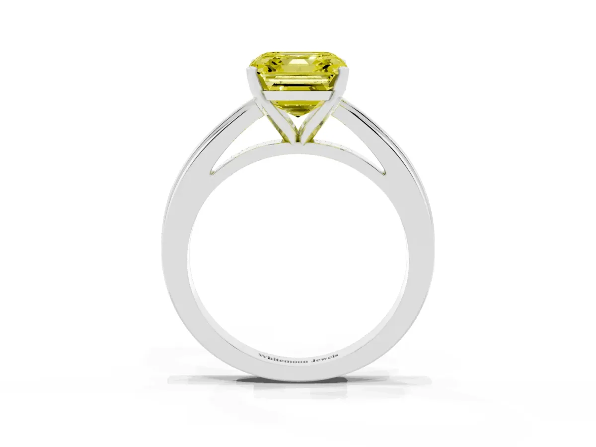 Fancy Yellow Asscher Cut Solitaire Diamond Ring with Four-Prong Setting and Classic Band Platinum