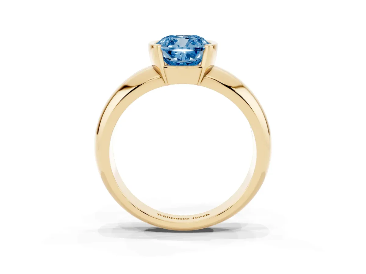 Fancy Blue Cushion Cut Solitaire Tension Set Diamond Ring with Wide Band Yellow gold
