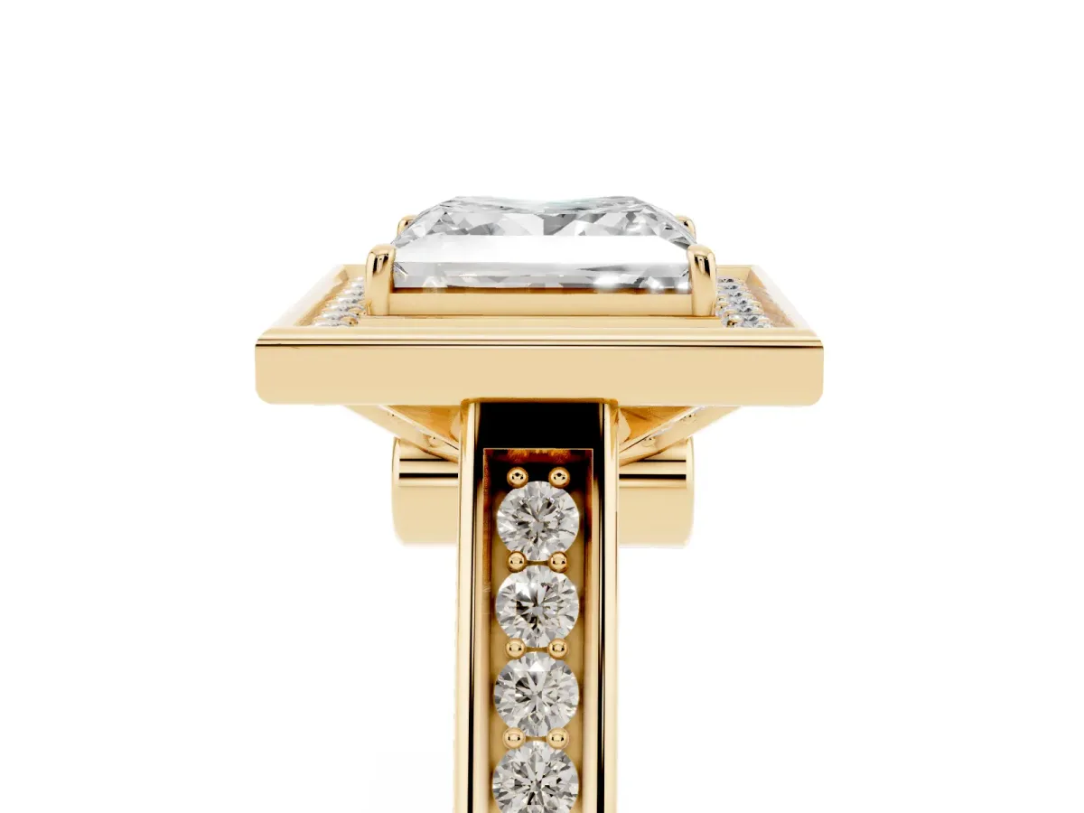 Princess Cut Halo Solitaire Diamond Ring with Pave Band and Bezel Setting Yellow gold