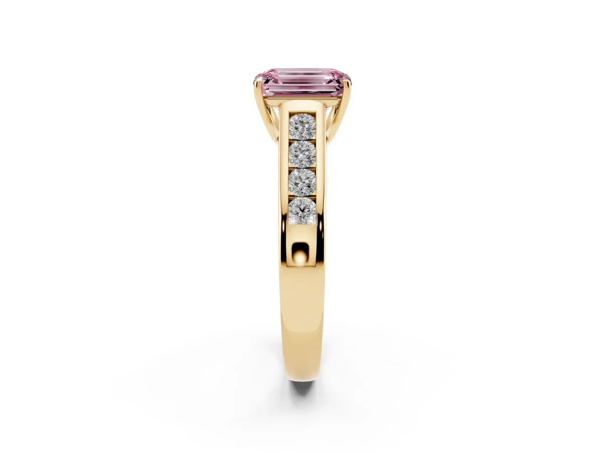 Fancy Pink Emerald Cut Solitaire Channel-Set Diamond Engagement Ring with Four-Prong Setting Yellow gold