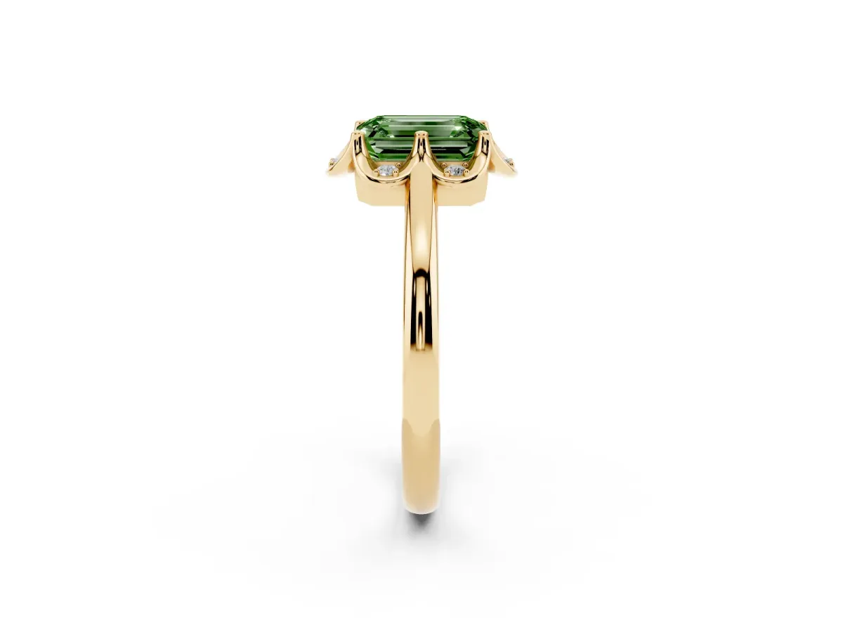 Fancy Green Emerald Cut Halo Diamond Ring with Round Cluster Setting, Solitaire Band, and Four-Prong Setting Yellow gold