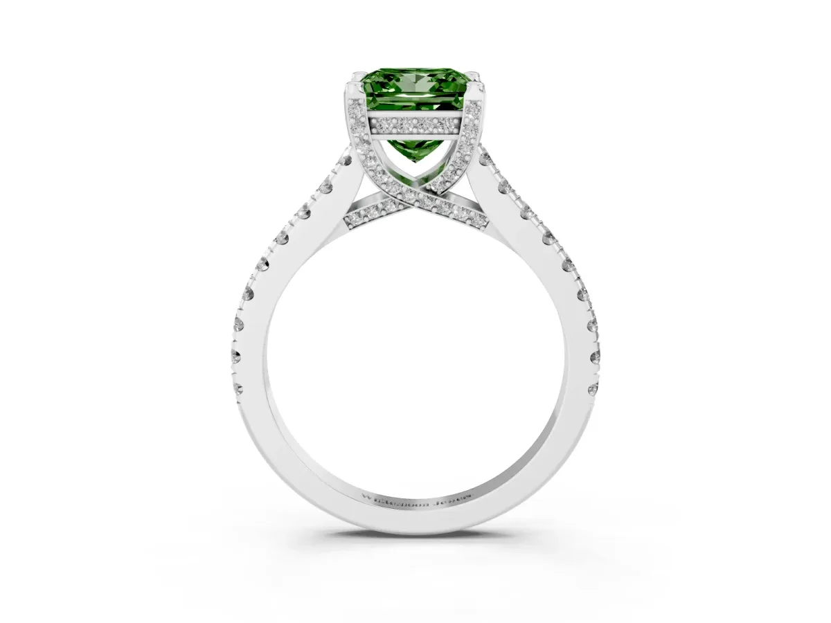 Fancy Green Princess Cut Brilliant Diamond Solitaire with Pavé Band and Four-Prong Setting Silver
