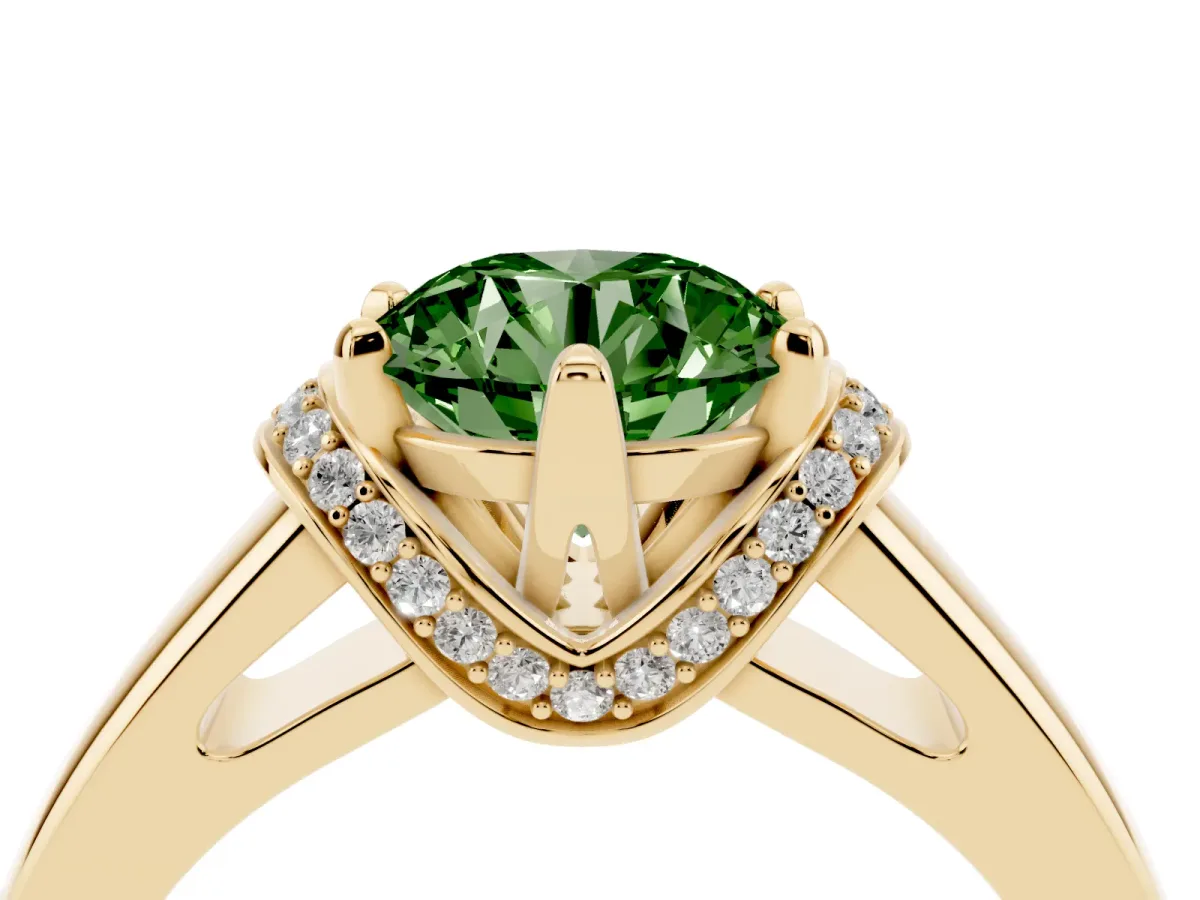 Fancy Green Round Cut Solitaire Diamond Ring with Pave Band and Six-Prong Setting Yellow gold