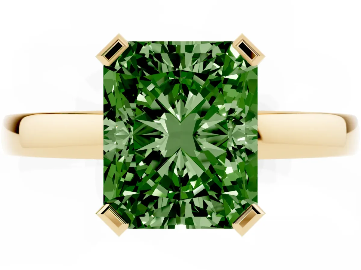 Fancy Green Radiant Cut Cut Solitaire Ring with Four-Prong Setting and Classic Band Yellow gold