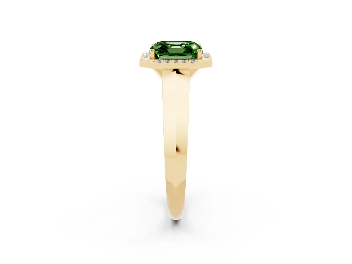Fancy Green Asscher Cut Halo Diamond Ring with Cathedral Band and Four-Prong Setting Yellow gold