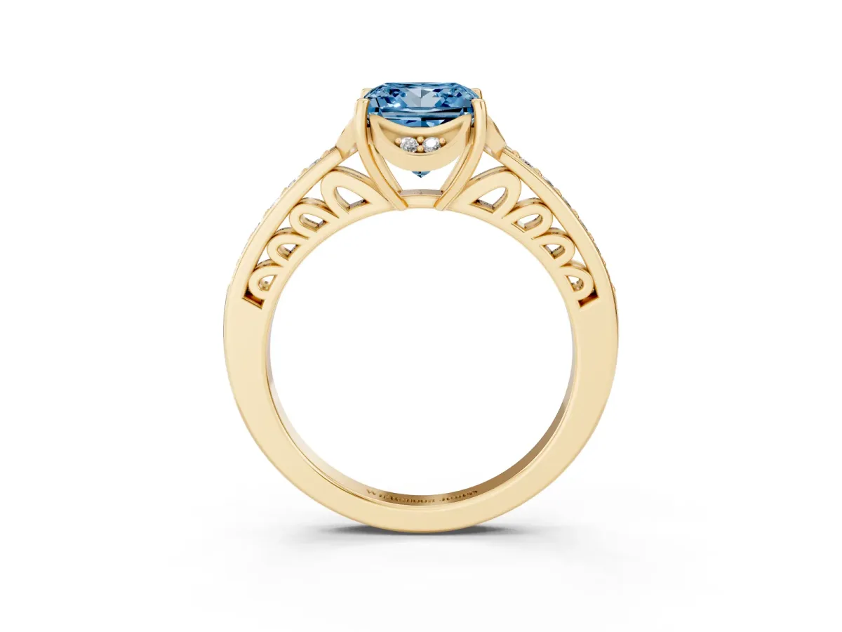 Fancy Blue Princess Cut Cut Halo Diamond Ring with Channel Set Band and Four-Prong Setting Yellow gold