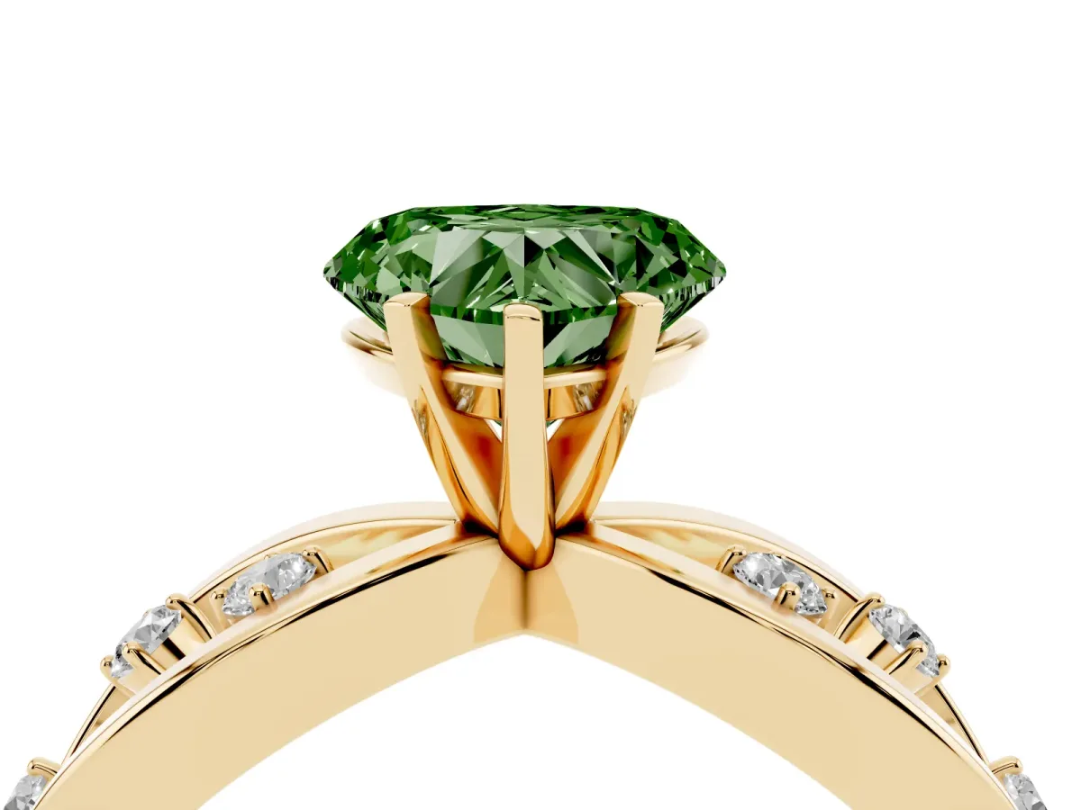 Fancy Green Heart Cut Cut Solitaire Diamond with Side Stones on Criss-Cross Band and Four-Prong Setting Yellow gold