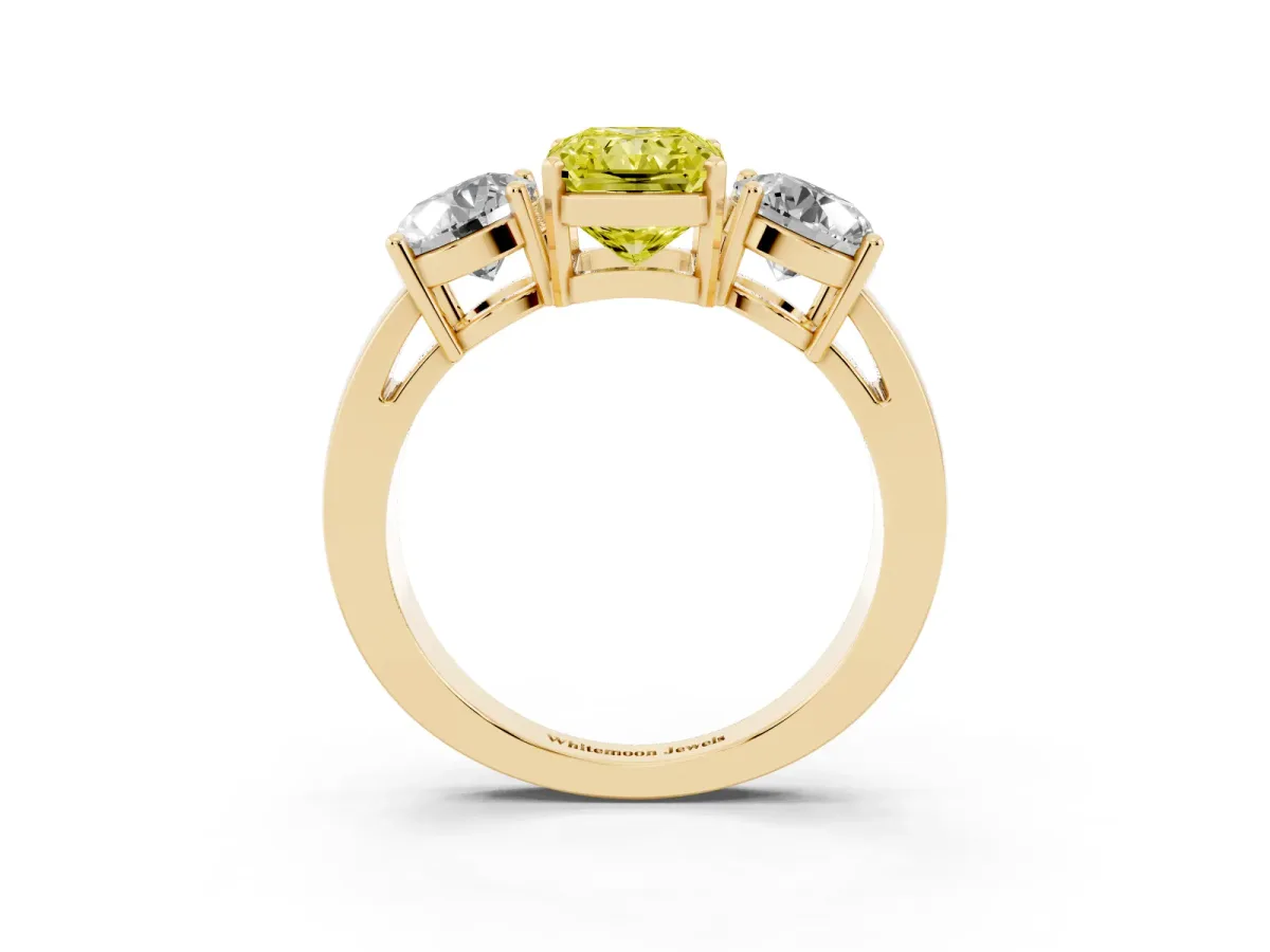 Fancy Yellow Three-Stone Radiant Cut Diamond Ring with Round Side Stones, Classic Band, and Four-Prong Setting Yellow gold