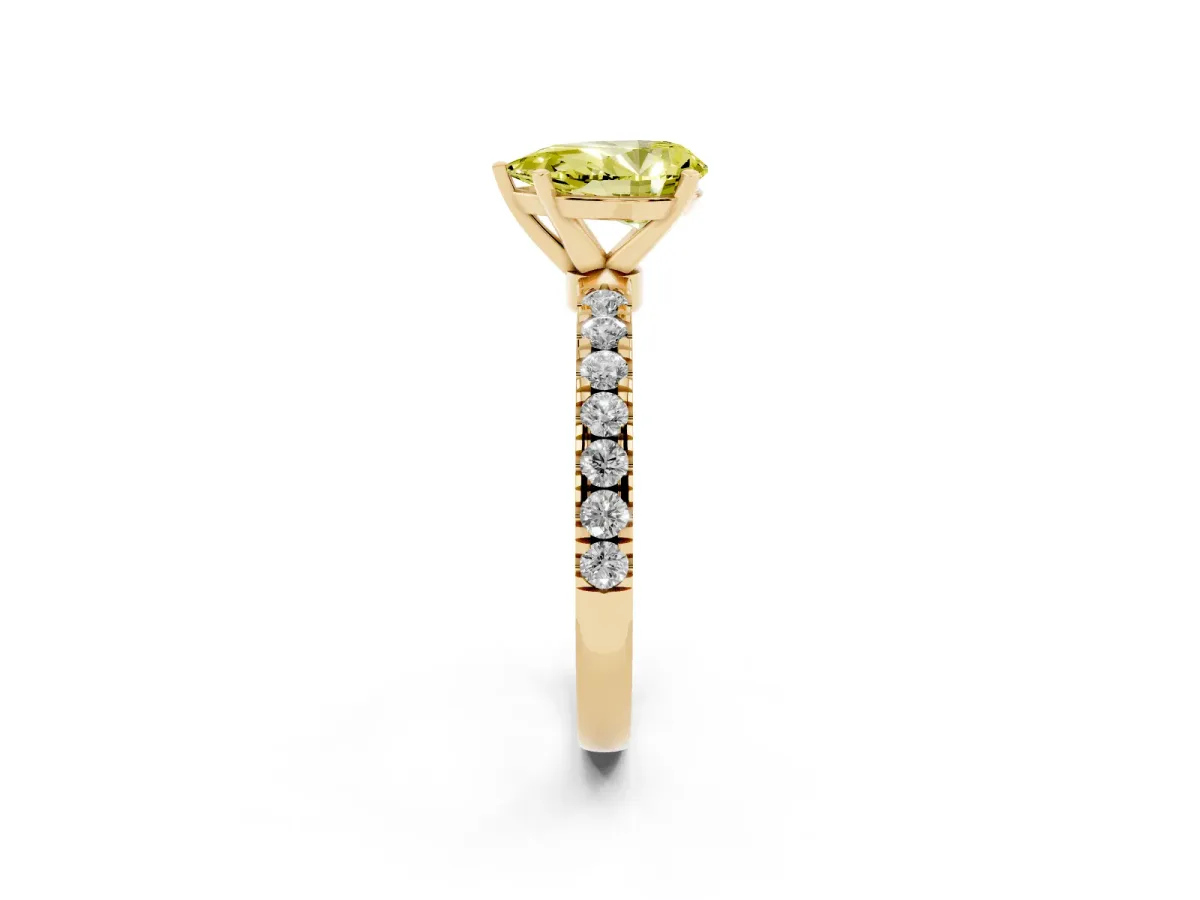 Fancy Yellow Pear Cut Diamond Solitaire Ring with Pavé Accents and Four-Prong Setting Yellow gold