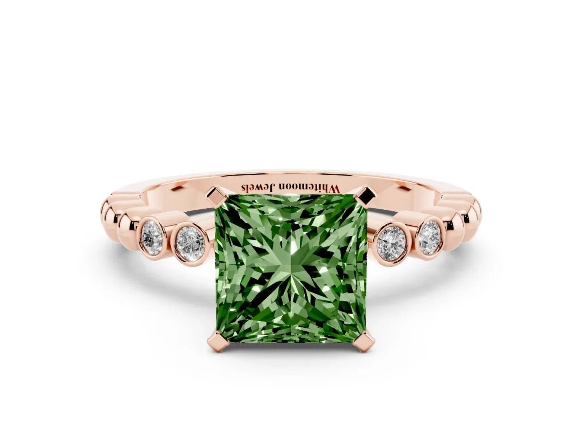 Fancy Green Princess Cut Solitaire Bezel Accent Diamond Engagement Ring with Beaded Band and Four-Prong Setting Rose gold