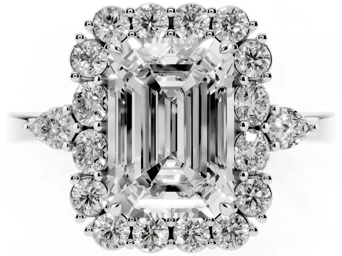 Emerald Cut Diamond Halo Ring with Pear Side Stones and Prong Setting Platinum