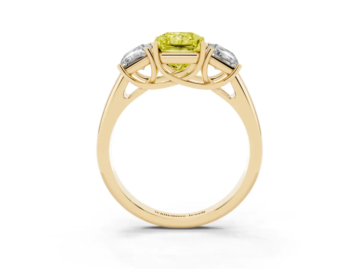 Fancy Yellow Three-Stone Radiant Cut Diamond Engagement Ring with Prong Setting Yellow gold