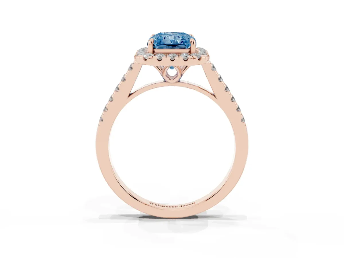 Fancy Blue Radiant Cut Halo Pavé Diamond Engagement Ring with Four-Prong Setting Rose gold