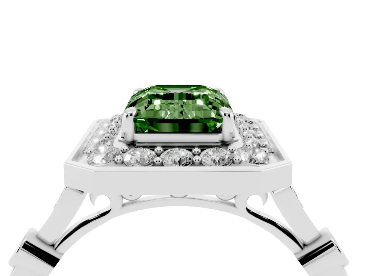 Fancy Green Emerald Cut Halo Diamond Engagement Ring with Twisted Band and Four-Prong Setting White gold