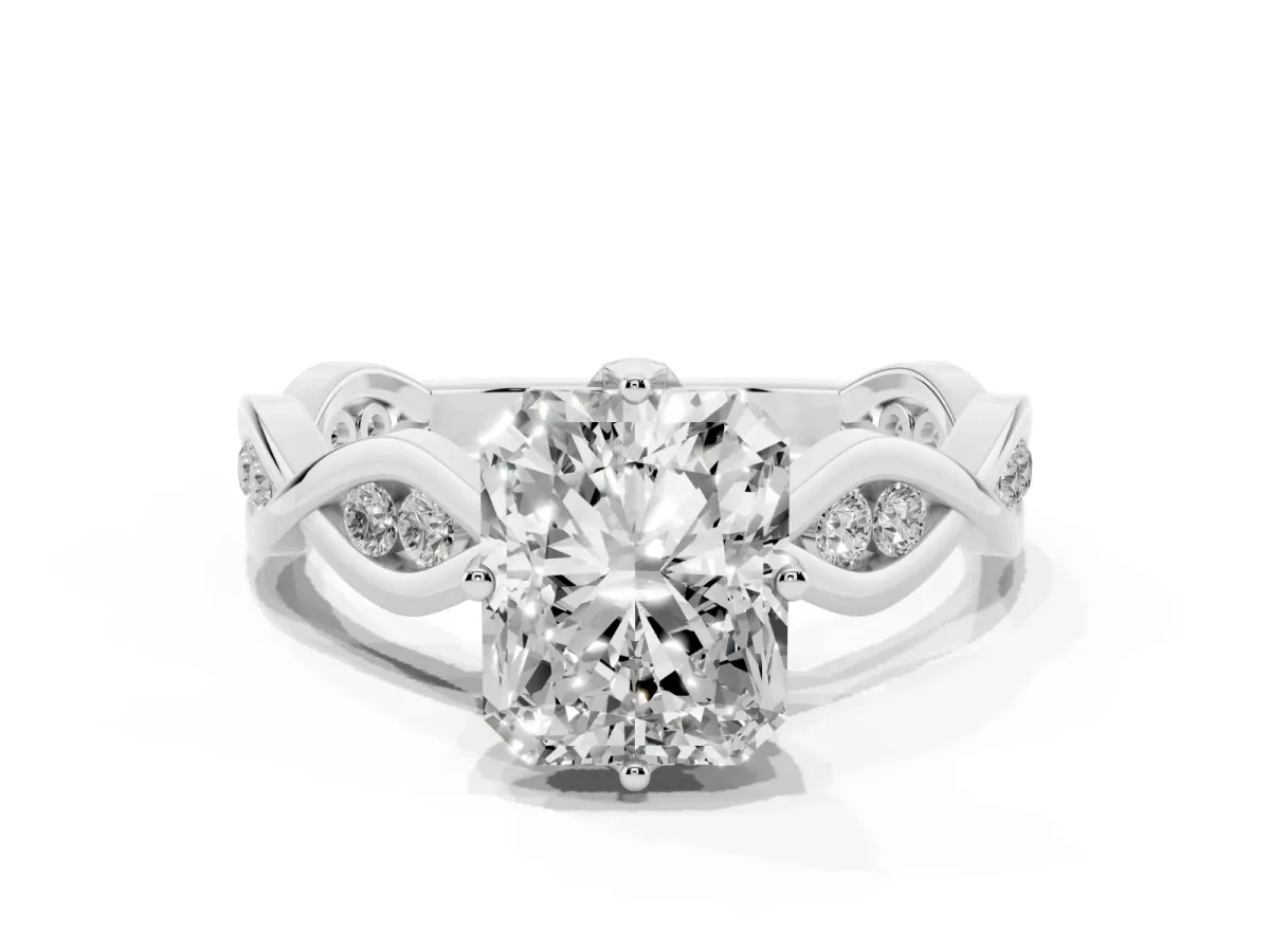 Radiant Cut Solitaire Twist Band with Leaf Prong Setting Silver