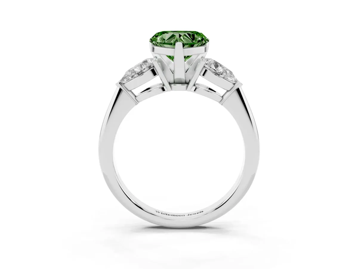 Fancy Green Three-Stone Heart Cut Diamond Ring with Pear Side Stones and Four-Prong Setting Silver