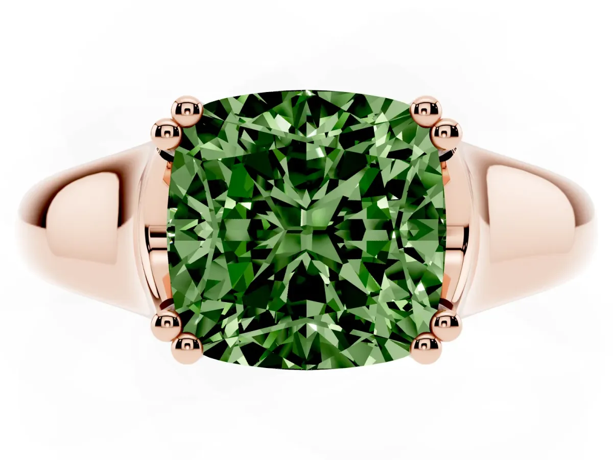 Fancy Green Cushion Cut Diamond Solitaire Ring with Wide Band and Prong Setting Rose gold