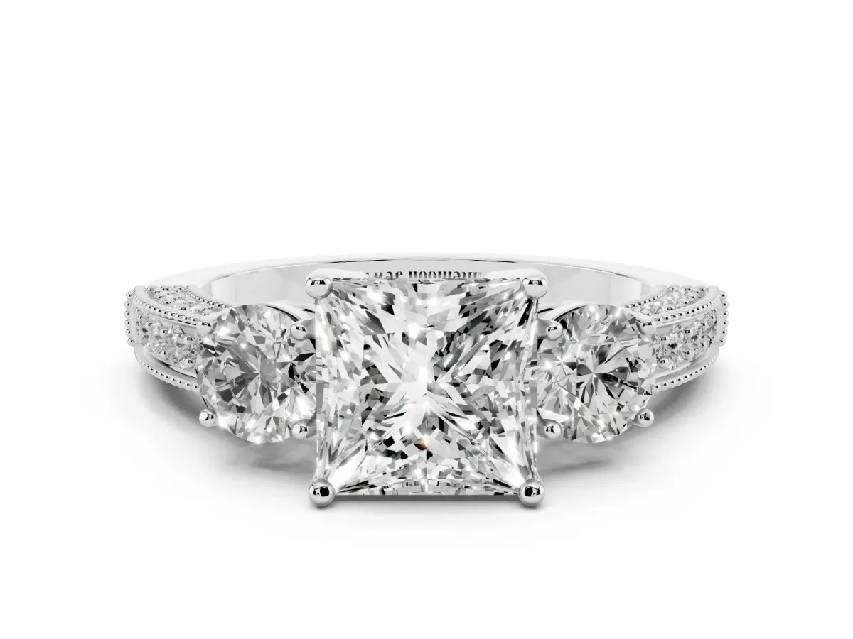 Princess Cut Three-Stone Diamond Ring with Pavé Band and Four-Prong Setting Silver