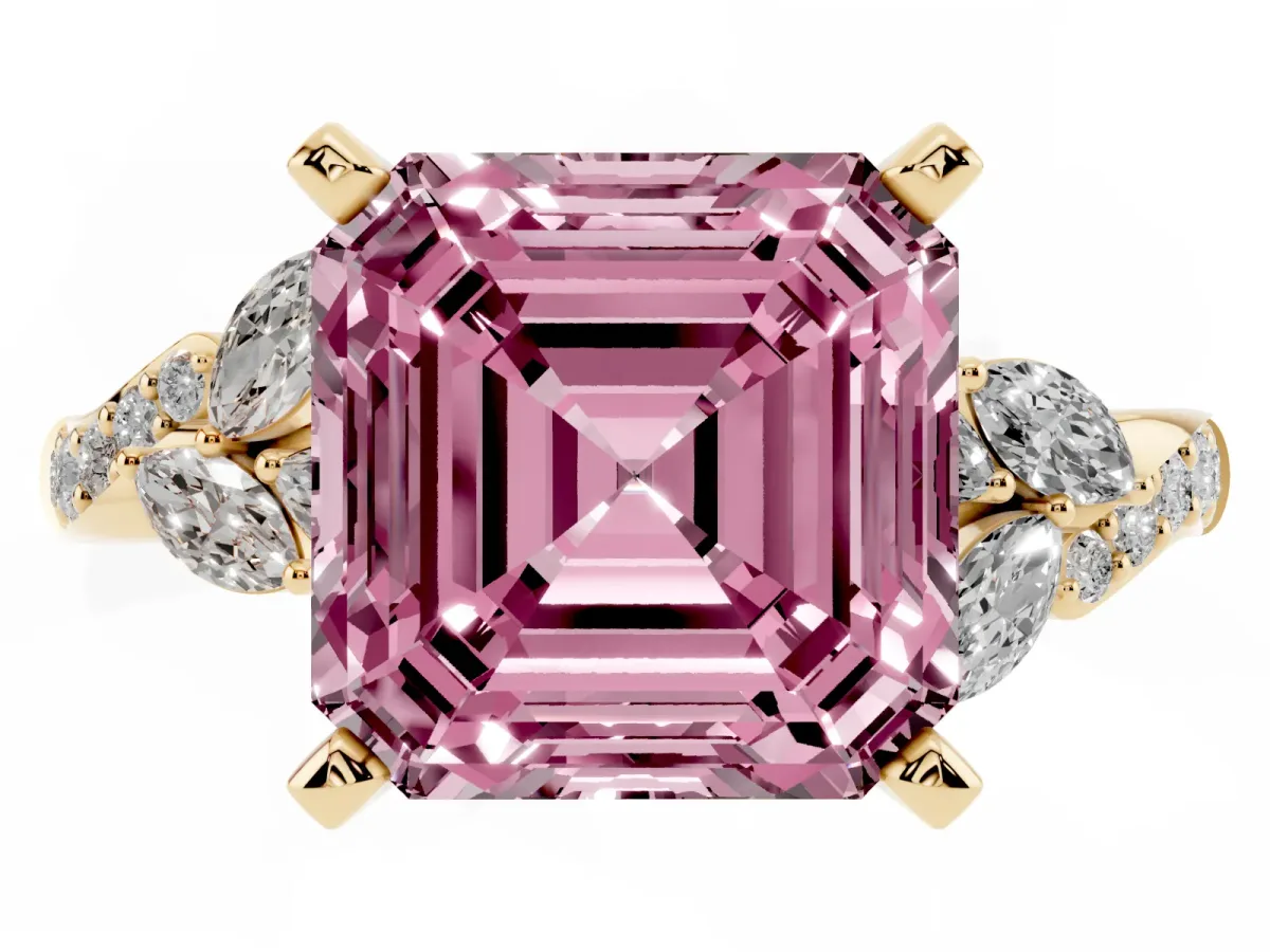 Fancy Pink Asscher Cut Solitaire Marquise Twist Band with Six-Prong Setting Yellow gold