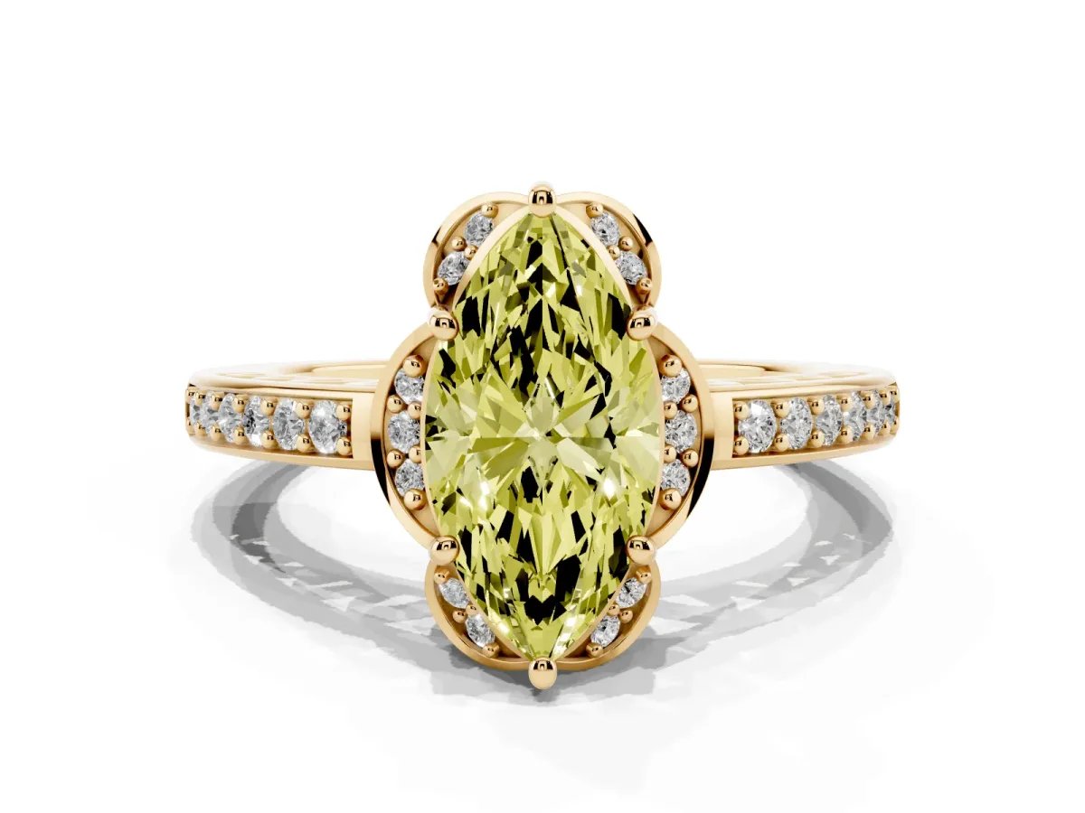 Fancy Yellow Marquise Cut Cut Halo Diamond Ring with Channel Set Band and Four-Prong Setting Yellow gold