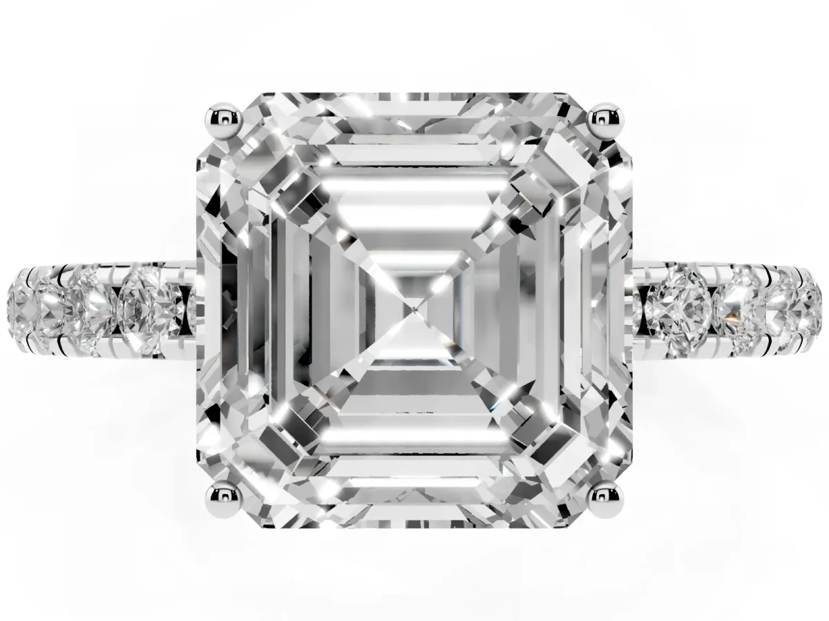 Asscher Cut Diamond Pavé Solitaire Engagement Ring with Four-Prong Setting Silver