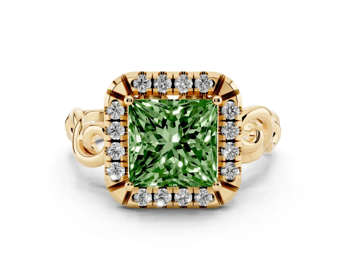 Fancy Green Princess Cut Cut Halo Diamond Ring with Scrollwork Band and Four-Prong Setting Yellow gold