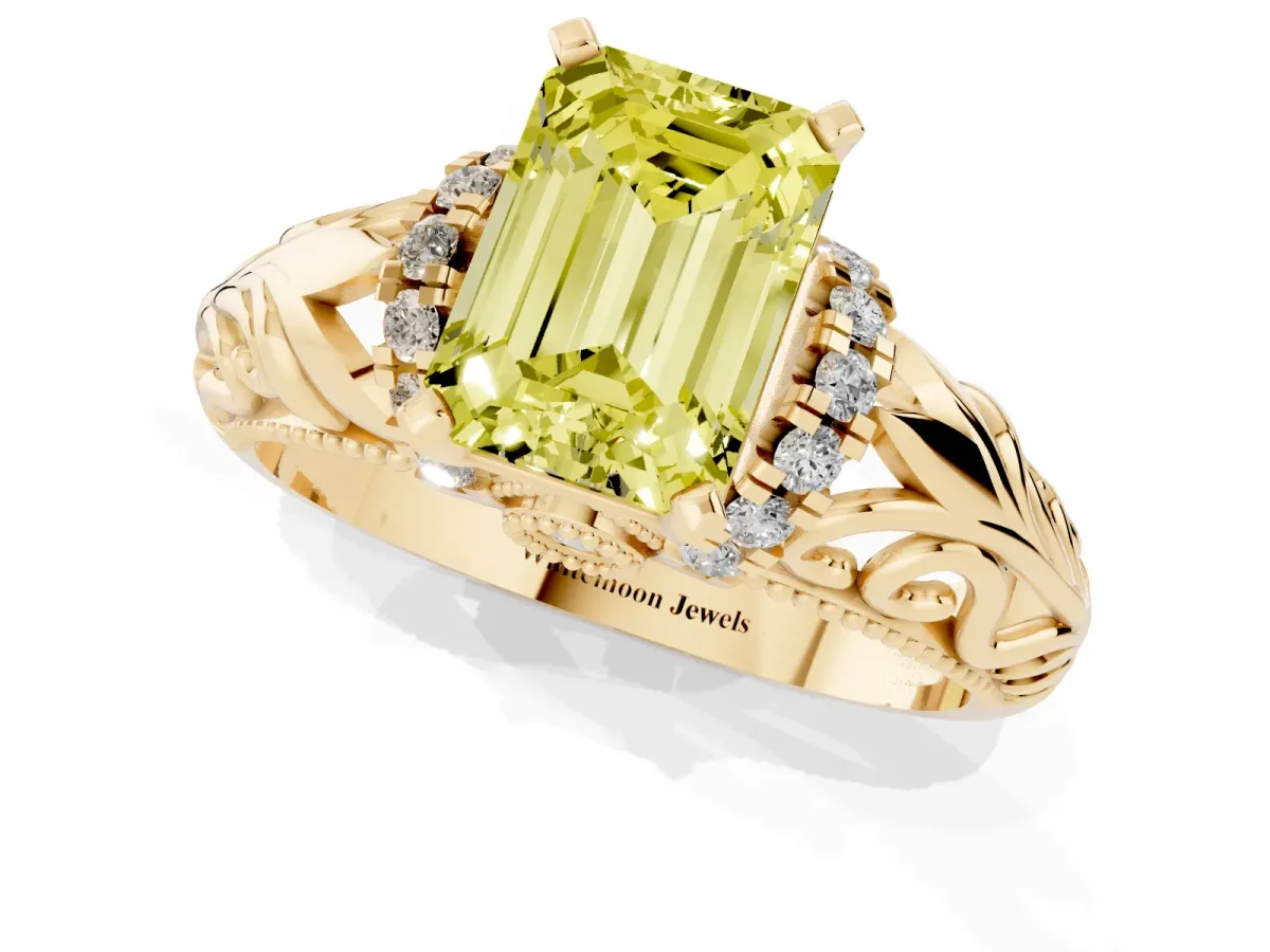 Fancy Yellow Emerald Cut Solitaire Filigree Engagement Ring with Halo and Prong Setting Yellow gold