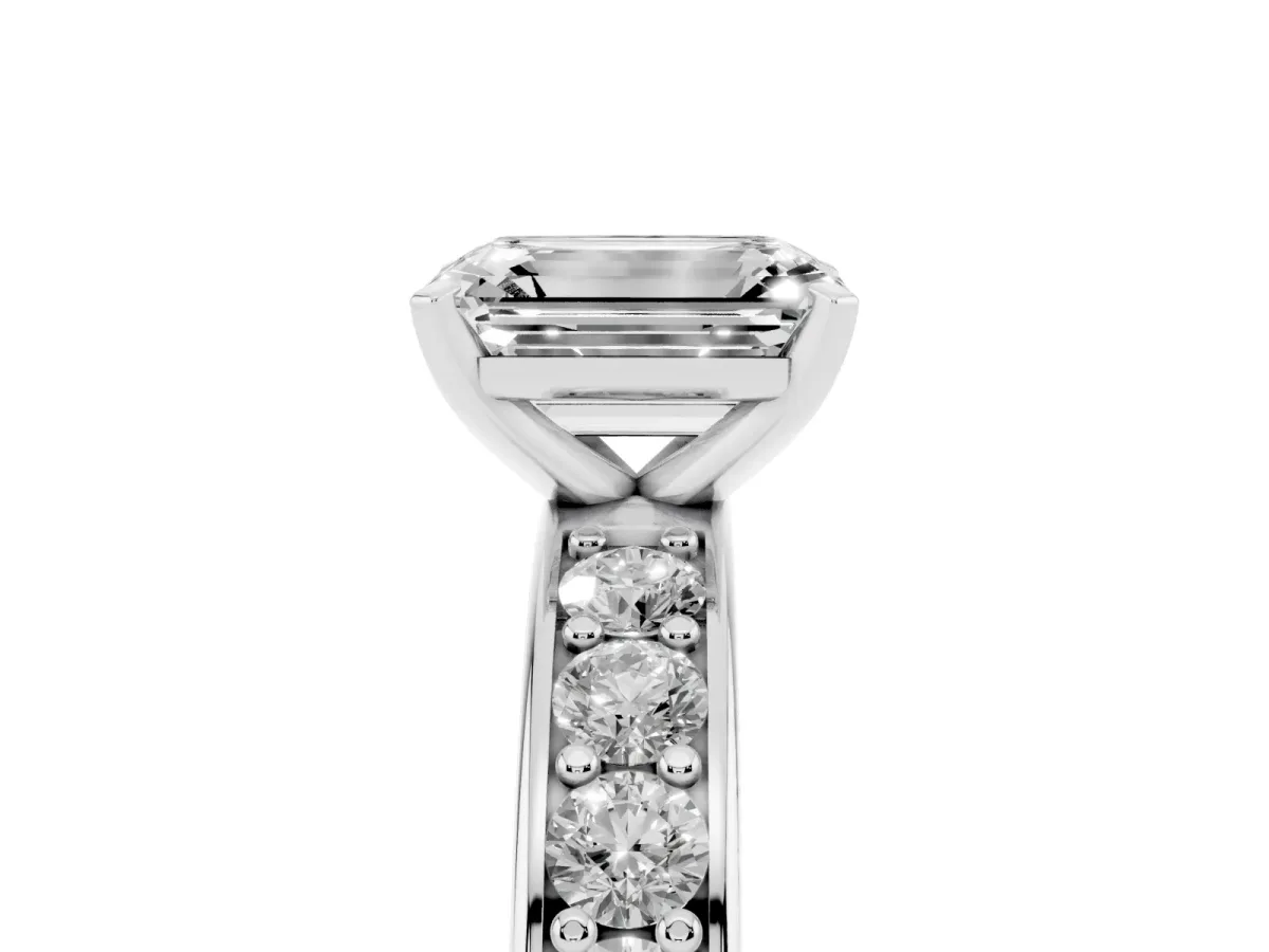 Emerald Cut Diamond Engagement Ring with Channel Set Round Band and Prong Setting Silver