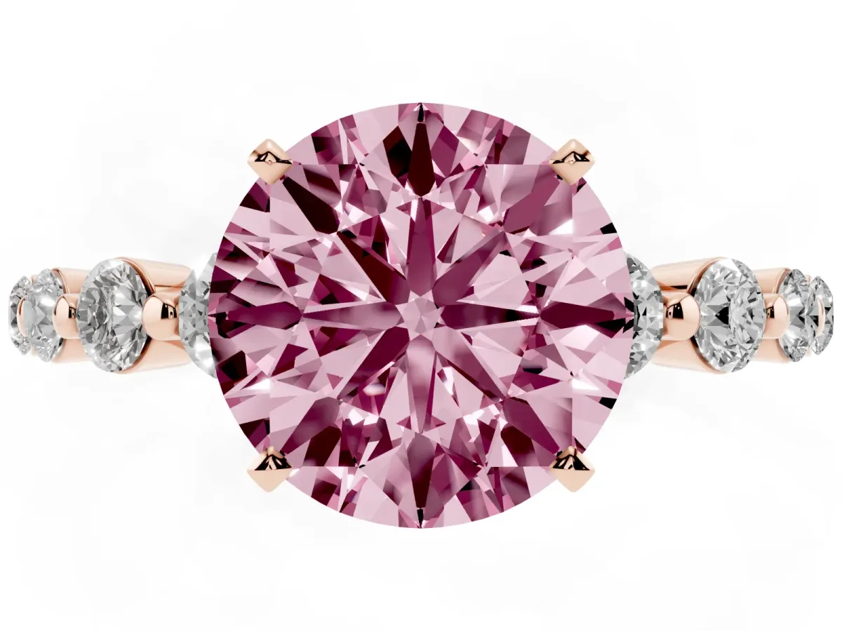 Fancy Pink Round Cut Solitaire Diamond Ring with Pave Band and Four-Prong Setting Rose gold