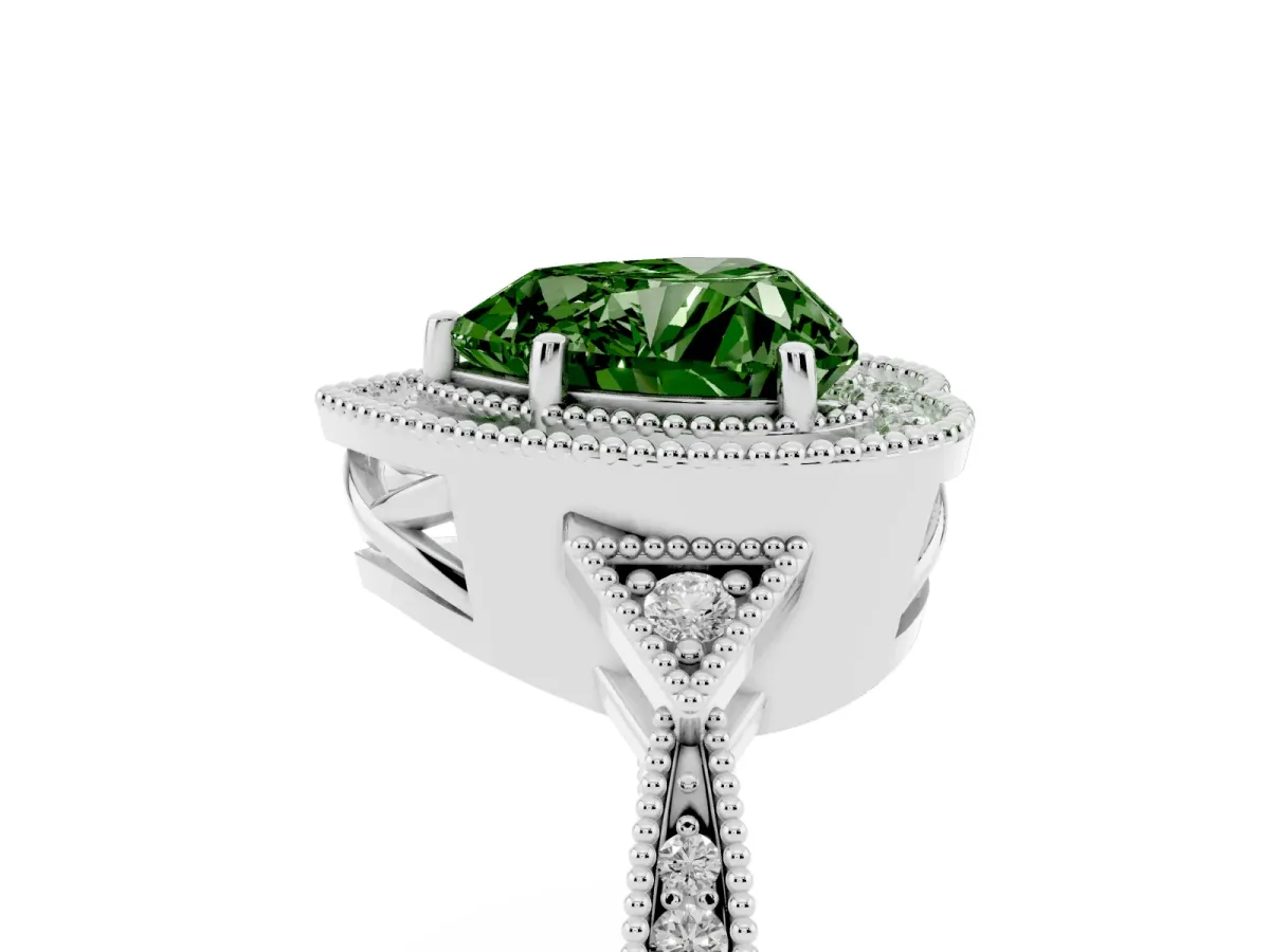 Fancy Green Heart Cut Halo Round Diamond Milgrain Pave Engagement Ring Platinum
