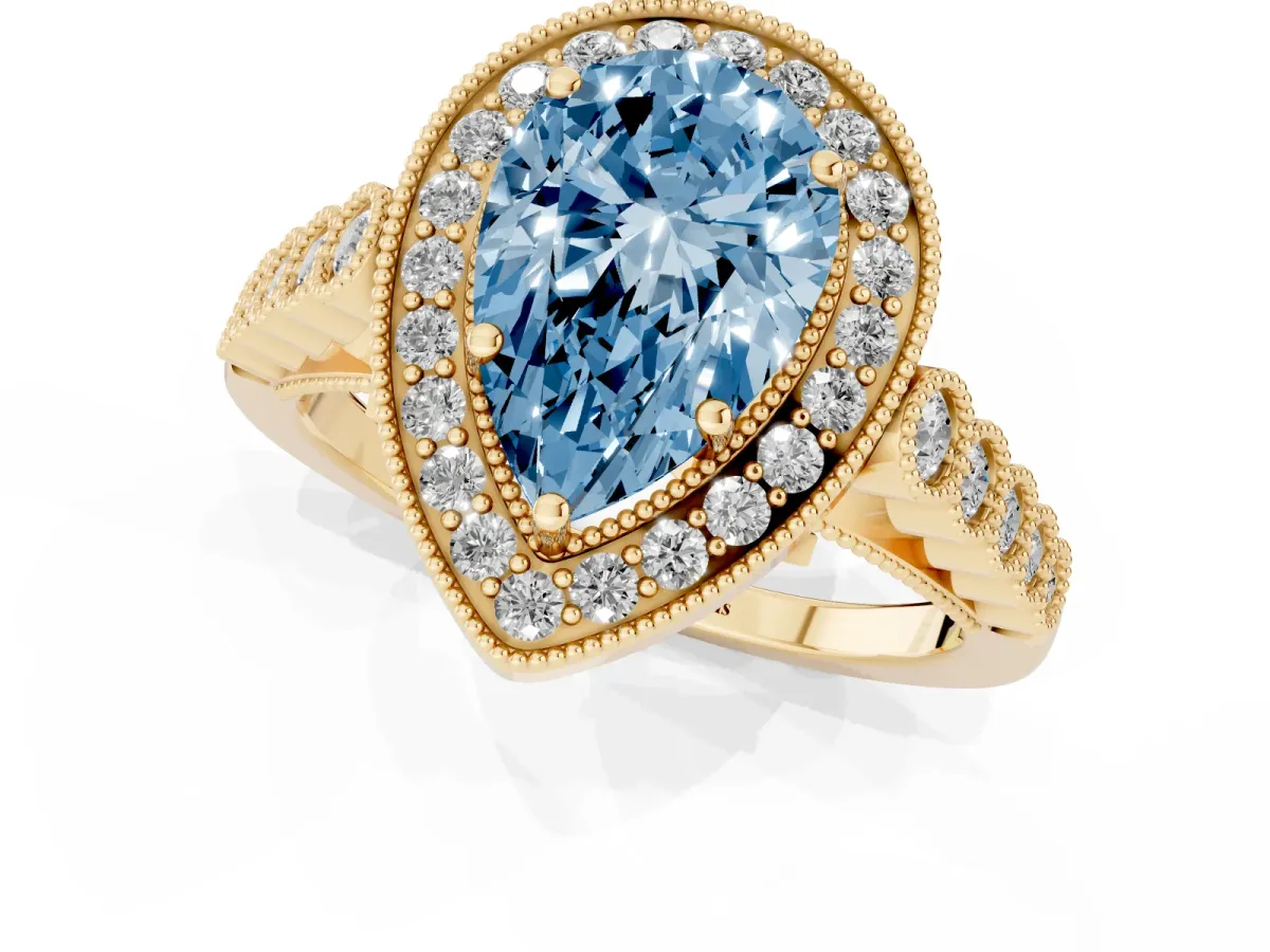 Fancy Blue Pear Cut Halo Twist Band Solitaire Ring with Six-Prong Setting Yellow gold