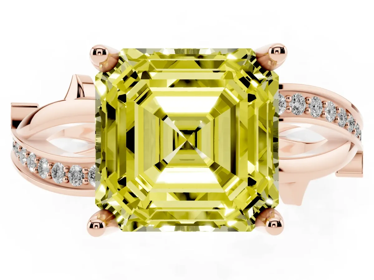 Fancy Yellow Asscher Cut Solitaire Twist Band with Pavé Accents and Four-Prong Setting Rose gold