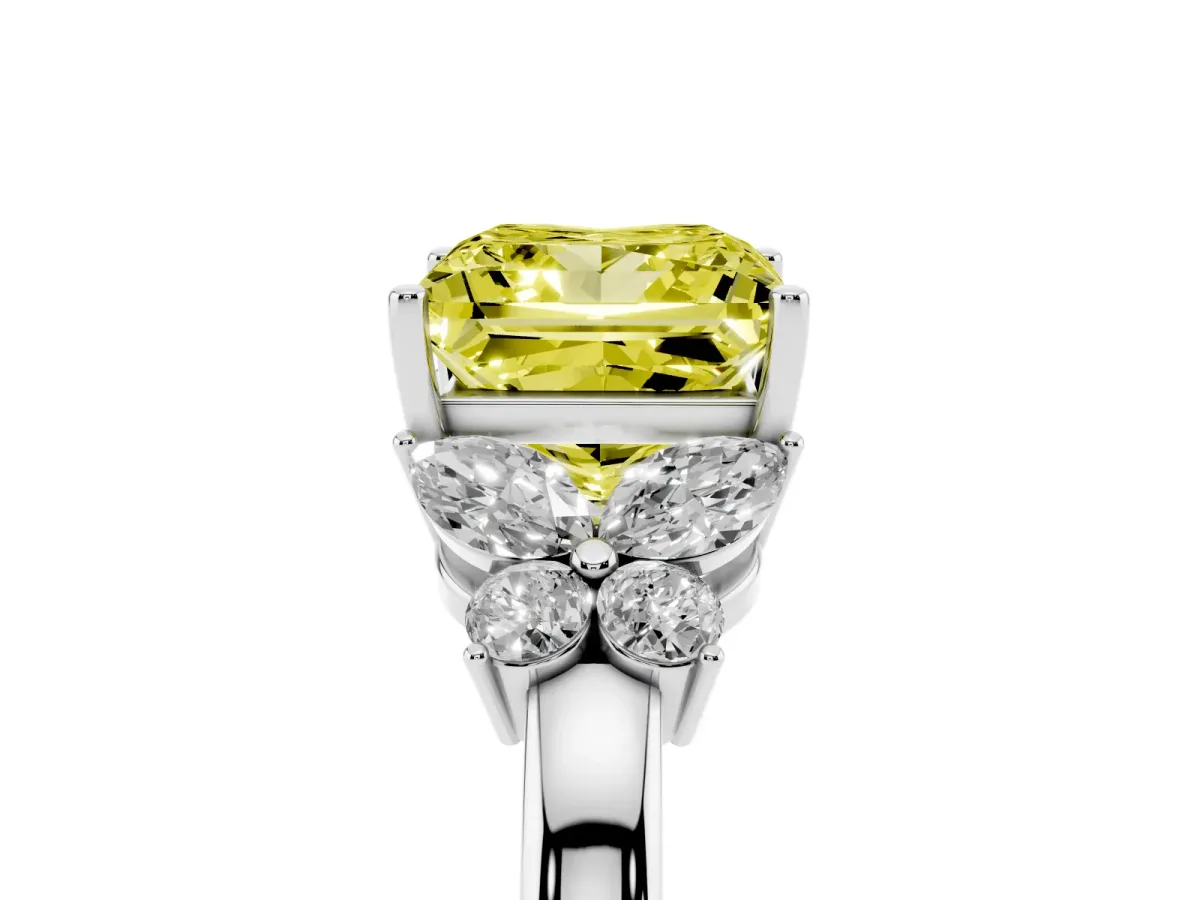 Fancy Yellow Princess Cut Cut Solitaire Floral Diamond Ring with Four-Prong Setting Silver