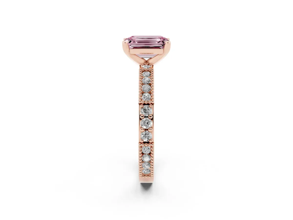 Fancy Pink Emerald Cut Solitaire with Pavé Band and Four-Prong Setting Rose gold