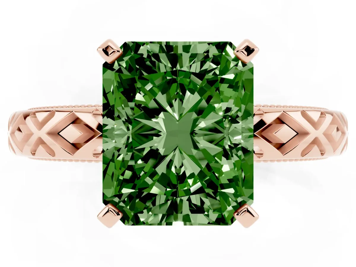 Fancy Green Radiant Cut Solitaire Diamond Ring with Milgrain and Black Enamel X Pattern Band Rose gold